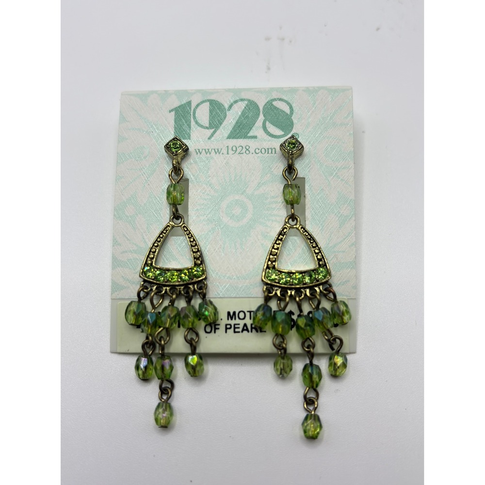 1928 Jewelry Green Crystal Chandelier Drop Earrings Antiqued Brass Tone Beaded